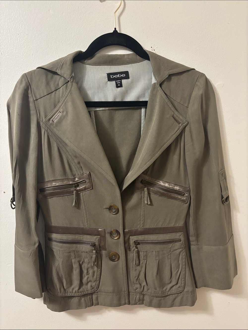 bebe Olive Green Utility Jacket with Brown Trim